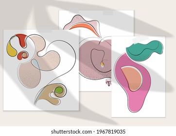 Abstract hand drawn vector artistic poster set with shadow overlay. Line art artistic illustration with texture. Retro flat colors organic natural design. Organic healthy vegan doodle.