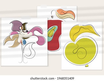 Abstrakter handgezeichneter Vektorgrafik-Plakat mit Schattenüberlagerung. Kunstausstellung in Linie mit Textur. Retro flache Farben organische natürliche Design. Organische gesunde veganische Doodle.