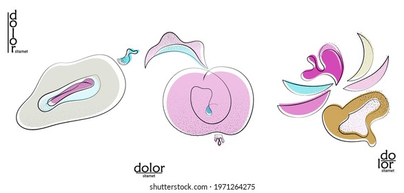 Abstract hand drawn vector artistic logo set isolated on white. Line art artistic illustration with texture. Retro flat colors organic natural Eco food design. Organic healthy vegan doodle.