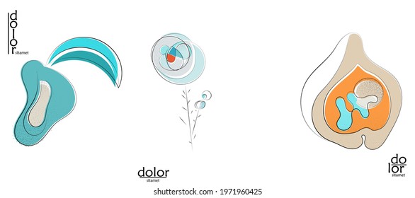 Abstract hand drawn vector artistic logo set isolated on white. Line art artistic illustration with texture. Retro flat colors organic natural Eco food design. Organic healthy vegan doodle.