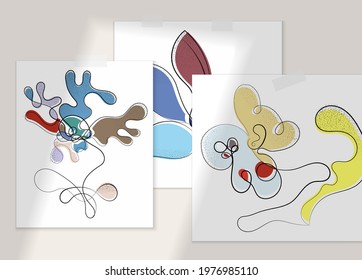 Abstract hand drawn vector artistic poster set with shadow overlay. Line art artistic illustration with texture. Retro flat colors organic natural design. Organic healthy vegan doodle.