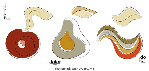 Abstract hand drawn vector artistic logo set isolated on white. Line art artistic illustration with texture. Retro flat colors organic natural Eco food design. Organic healthy vegan doodle.