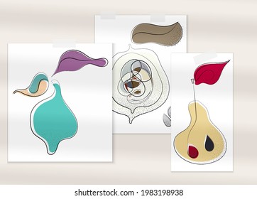 Abstract hand drawn vector artistic poster set with shadow overlay. Line art artistic illustration with texture. Retro flat colors organic natural design. Organic healthy vegan doodle.