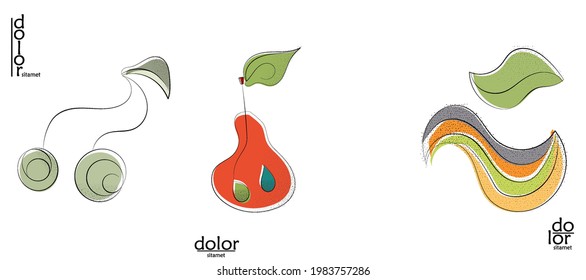 Abstract hand drawn vector artistic logo set isolated on white. Line art artistic illustration with texture. Retro flat colors organic natural Eco food design. Organic healthy vegan doodle.