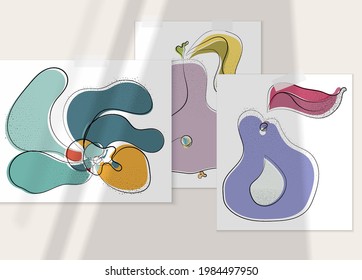 Abstract hand drawn vector artistic poster set with shadow overlay. Line art artistic illustration with texture. Retro flat colors organic natural design. Organic healthy vegan doodle.