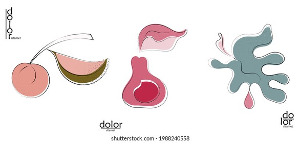 Abstract hand drawn vector artistic logo set isolated on white. Line art artistic illustration with texture. Retro flat colors organic natural Eco food design. Organic healthy vegan doodle.