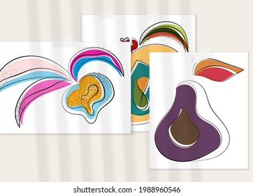 Abstract hand drawn vector artistic poster set with shadow overlay. Line art artistic illustration with texture. Retro flat colors organic natural design. Organic healthy vegan doodle.
