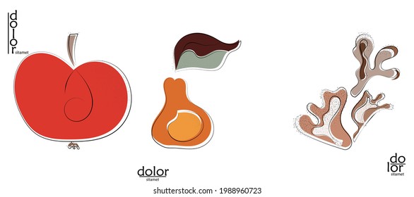Abstract hand drawn vector artistic logo set isolated on white. Line art artistic illustration with texture. Retro flat colors organic natural Eco food design. Organic healthy vegan doodle.