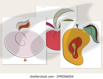 Abstract hand drawn vector artistic poster set with shadow overlay. Line art artistic illustration with texture. Retro flat colors organic natural design. Organic healthy vegan doodle.
