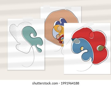 Resumen de afiche artístico vector dibujado a mano con superposición de sombra. Ilustración artística de línea con textura. Colores planos retro diseño natural orgánico. Doodle vegetal orgánico sano.