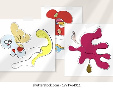 Abstract hand drawn vector artistic poster set with shadow overlay. Line art artistic illustration with texture. Retro flat colors organic natural design. Organic healthy vegan doodle.