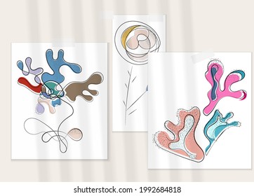 Abstrakter handgezeichneter Vektorgrafik-Plakat mit Schattenüberlagerung. Kunstausstellung in Linie mit Textur. Retro flache Farben organische natürliche Design. Organische gesunde veganische Doodle.