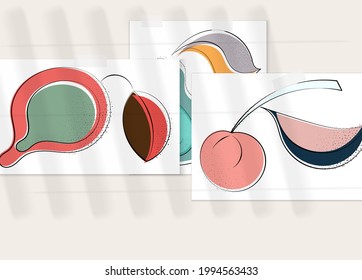 Abstract hand drawn vector artistic poster set with shadow overlay. Line art artistic illustration with texture. Retro flat colors organic natural design. Organic healthy vegan doodle.