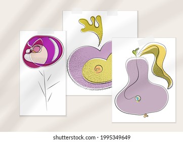 Abstract hand drawn vector artistic poster set with shadow overlay. Line art artistic illustration with texture. Retro flat colors organic natural design. Organic healthy vegan doodle.