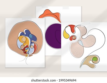 Abstract hand drawn vector artistic poster set with shadow overlay. Line art artistic illustration with texture. Retro flat colors organic natural design. Organic healthy vegan doodle.