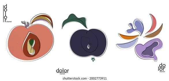 Resumen del logo artístico vectorial dibujado a mano aislado en blanco. Ilustración artística de línea con textura. Colores planos retro diseño ecológico de alimentos ecológicos naturales. Doodle vegetal orgánico sano.