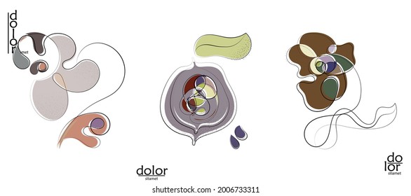 Abstract hand drawn vector artistic logo set isolated on white. Line art artistic illustration with texture. Retro flat colors organic natural Eco food design. Organic healthy vegan doodle.
