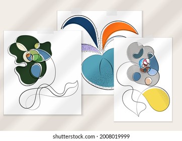 Abstrakter handgezeichneter Vektorgrafik-Plakat mit Schattenüberlagerung. Kunstausstellung in Linie mit Textur. Retro flache Farben organische natürliche Design. Organische gesunde veganische Doodle.