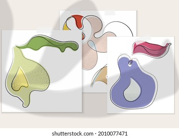 Abstract hand drawn vector artistic poster set with shadow overlay. Line art artistic illustration with texture. Retro flat colors organic natural design. Organic healthy vegan doodle.