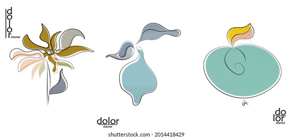 Abstract hand drawn vector artistic logo set isolated on white. Line art artistic illustration with texture. Retro flat colors organic natural Eco food design. Organic healthy vegan doodle.