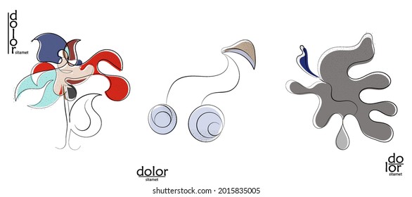 Abstract hand drawn vector artistic logo set isolated on white. Line art artistic illustration with texture. Retro flat colors organic natural Eco food design. Organic healthy vegan doodle.