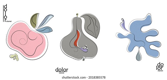 Abstract hand drawn vector artistic logo set isolated on white. Line art artistic illustration with texture. Retro flat colors organic natural Eco food design. Organic healthy vegan doodle.