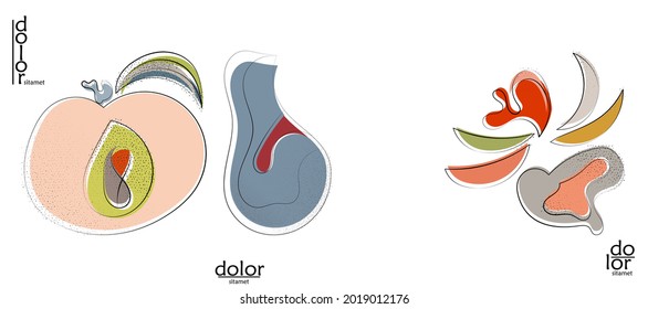 Resumen del logo artístico vectorial dibujado a mano aislado en blanco. Ilustración artística de línea con textura. Colores planos retro diseño ecológico de alimentos ecológicos naturales. Doodle vegetal orgánico sano.