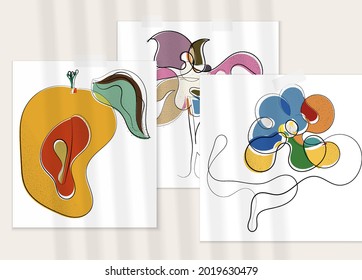 Abstract hand drawn vector artistic poster set with shadow overlay. Line art artistic illustration with texture. Retro flat colors organic natural design. Organic healthy vegan doodle.
