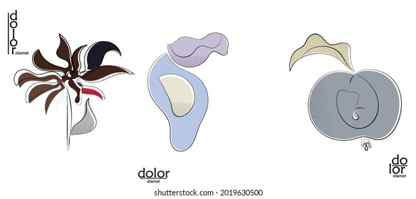 Abstract hand drawn vector artistic logo set isolated on white. Line art artistic illustration with texture. Retro flat colors organic natural Eco food design. Organic healthy vegan doodle.