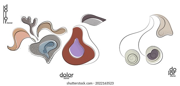 Abstraktes handgezeichnetes, Vektorgrafik-Logo einzeln auf Weiß. Kunstausstellung in Linie mit Textur. Retro flache Farben Bio-Natur Eco Food Design. Organische gesunde veganische Doodle.