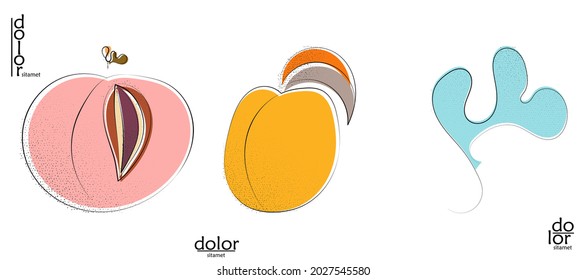 Abstract hand drawn vector artistic logo set isolated on white. Line art artistic illustration with texture. Retro flat colors organic natural Eco food design. Organic healthy vegan doodle.
