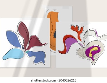 Abstract hand drawn vector artistic poster set with shadow overlay. Line art artistic illustration with texture. Retro flat colors organic natural design. Organic healthy vegan doodle.