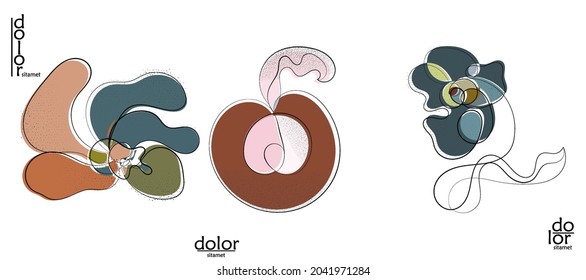 Abstract hand drawn vector artistic logo set isolated on white. Line art artistic illustration with texture. Retro flat colors organic natural Eco food design. Organic healthy vegan doodle.