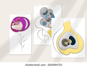 Abstract hand drawn vector artistic poster set with shadow overlay. Line art artistic illustration with texture. Retro flat colors organic natural design. Organic healthy vegan doodle.