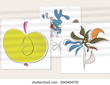 Abstract hand drawn vector artistic poster set with shadow overlay. Line art artistic illustration with texture. Retro flat colors organic natural design. Organic healthy vegan doodle.