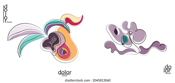 Abstract hand drawn vector artistic logo set isolated on white. Line art artistic illustration with texture. Retro flat colors organic natural Eco food design. Organic healthy vegan doodle.