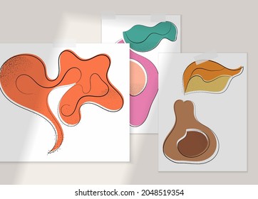 Resumen de afiche artístico vector dibujado a mano con superposición de sombra. Ilustración artística de línea con textura. Colores planos retro diseño natural orgánico. Doodle vegetal orgánico sano.