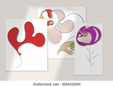 Abstract hand drawn vector artistic poster set with shadow overlay. Line art artistic illustration with texture. Retro flat colors organic natural design. Organic healthy vegan doodle.