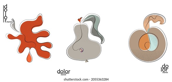 Abstract hand drawn vector artistic logo set isolated on white. Line art artistic illustration with texture. Retro flat colors organic natural Eco food design. Organic healthy vegan doodle.