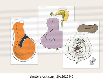 Abstract hand drawn vector artistic poster set with shadow overlay. Line art artistic illustration with texture. Retro flat colors organic natural design. Organic healthy vegan doodle.