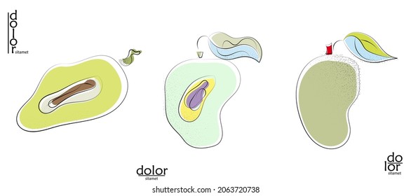 Abstract hand drawn vector artistic logo set isolated on white. Line art artistic illustration with texture. Retro flat colors organic natural Eco food design. Organic healthy vegan doodle.