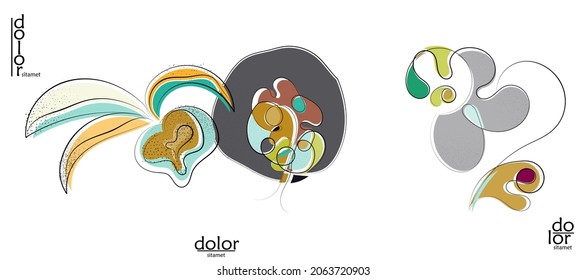 Abstract hand drawn vector artistic logo set isolated on white. Line art artistic illustration with texture. Retro flat colors organic natural Eco food design. Organic healthy vegan doodle.