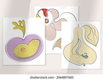 Abstract hand drawn vector artistic poster set with shadow overlay. Line art artistic illustration with texture. Retro flat colors organic natural design. Organic healthy vegan doodle.