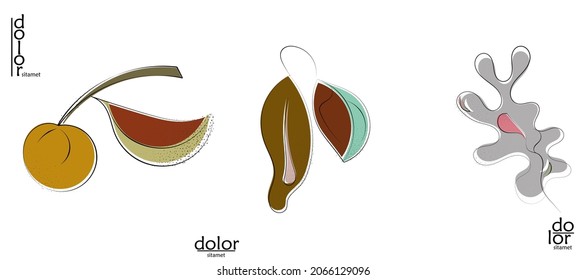 Abstract hand drawn vector artistic logo set isolated on white. Line art artistic illustration with texture. Retro flat colors organic natural Eco food design. Organic healthy vegan doodle.