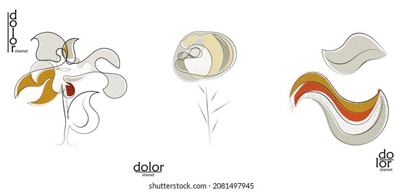 Abstract hand drawn vector artistic logo set isolated on white. Line art artistic illustration with texture. Retro flat colors organic natural Eco food design. Organic healthy vegan doodle.