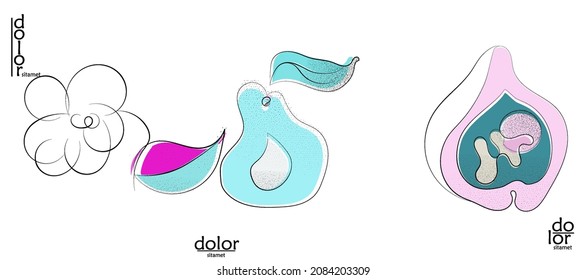 Abstract hand drawn vector artistic logo set isolated on white. Line art artistic illustration with texture. Retro flat colors organic natural Eco food design. Organic healthy vegan doodle.