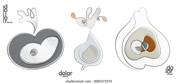 Abstract hand drawn vector artistic logo set isolated on white. Line art artistic illustration with texture. Retro flat colors organic natural Eco food design. Organic healthy vegan doodle.