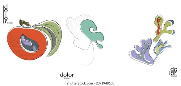 Abstract hand drawn vector artistic logo set isolated on white. Line art artistic illustration with texture. Retro flat colors organic natural Eco food design. Organic healthy vegan doodle.