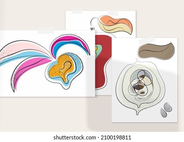 Abstract hand drawn vector artistic poster set with shadow overlay. Line art artistic illustration with texture. Retro flat colors organic natural design. Organic healthy vegan doodle.