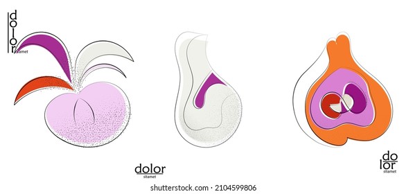 Abstract hand drawn vector artistic logo set isolated on white. Line art artistic illustration with texture. Retro flat colors organic natural Eco food design. Organic healthy vegan doodle.